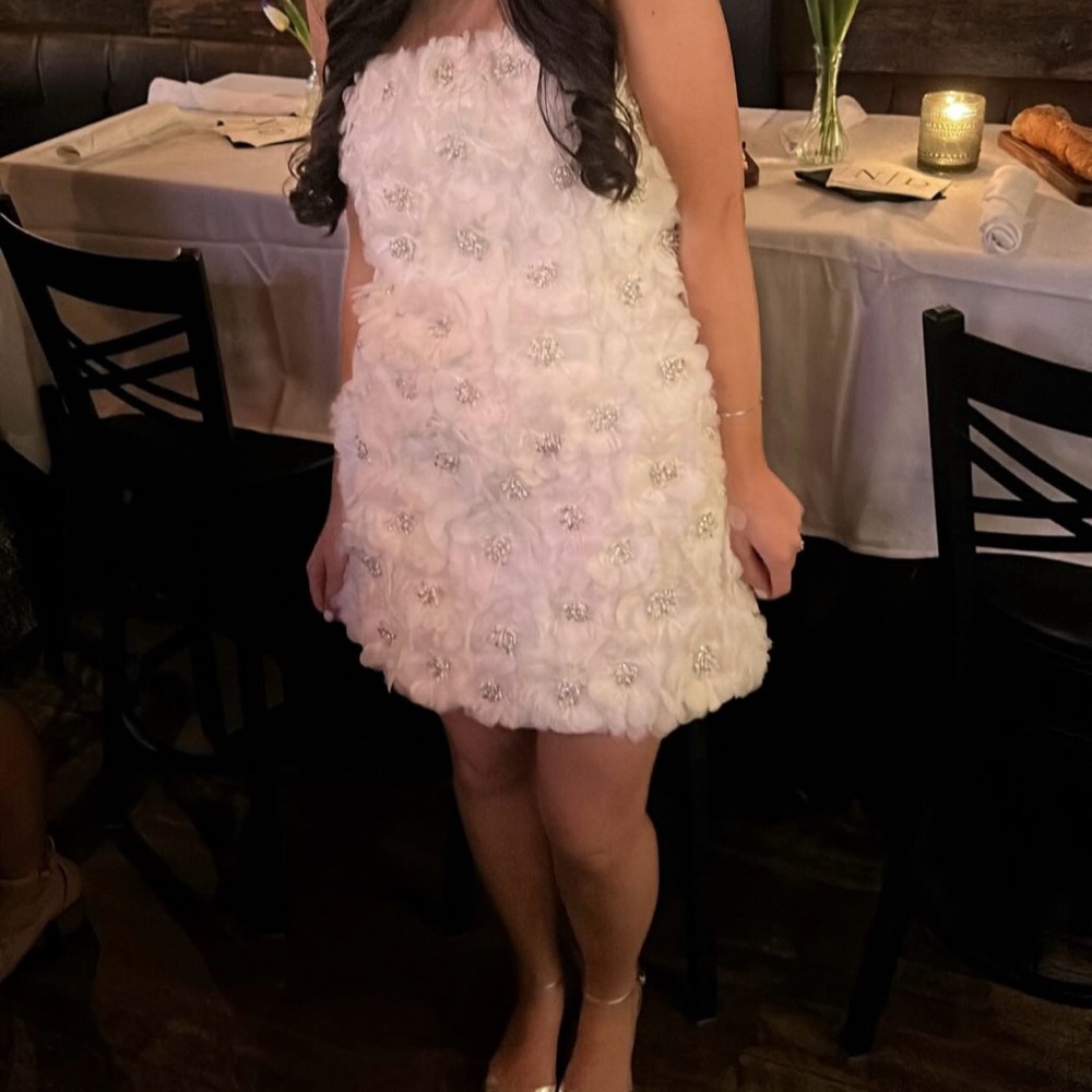 Alice + Olivia White Ruffled Tiered Strapless Mini Dress